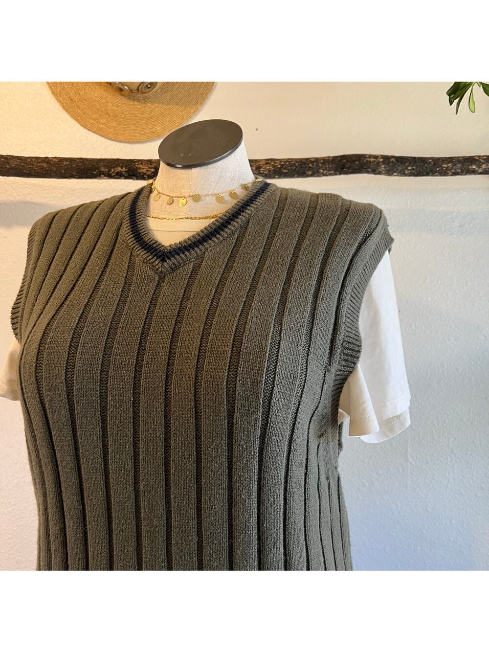 Vintage 90s Green Ribbed Cotton Blue Striped V Neck Sweater Vest Size XL